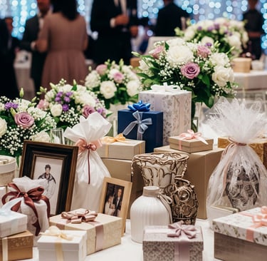 gifts and flowers on wedding banquet table