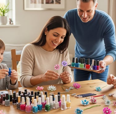 happy family making wire flowers with nail polish