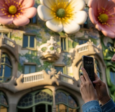 woman taking photo of flower inspired building