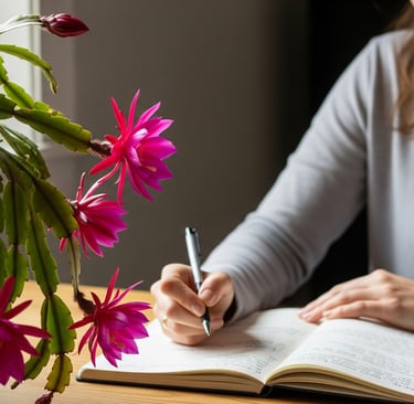 woman writing with orchid cactus on table