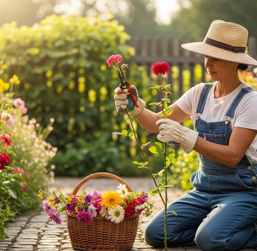 female gardener taking fresh flower cuttings