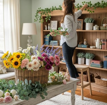 woman decorating living space with artifcial plants and flowers