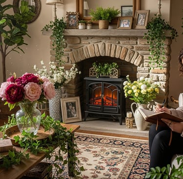 woman taking notes in living room with fireplace and faux flowers