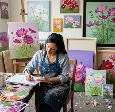 woman taking notes in studio of cosmos flower paintings