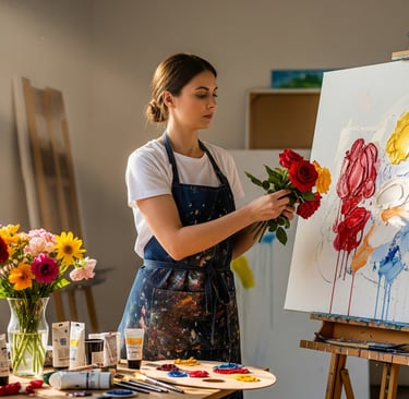 woman in art studio painting with flowers