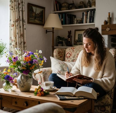 woman surrounded by fresh flowers writing