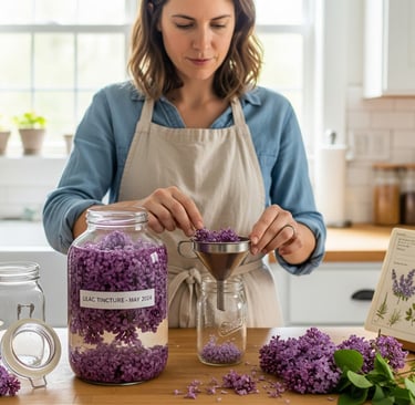 woman in kitchen making lilac tincture
