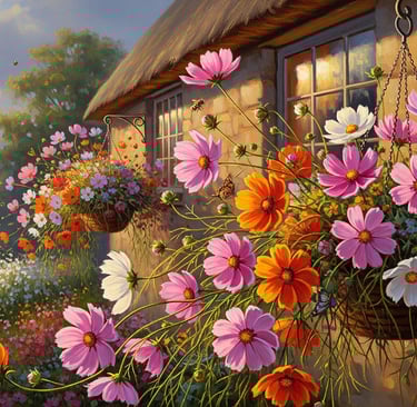 painting of cottage with cosmos flowers outside