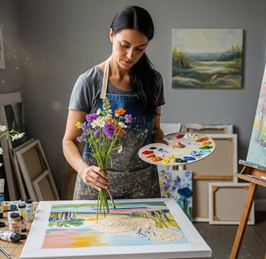woman painting with flowers