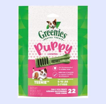 a dog treat bag of greenies puppy treat