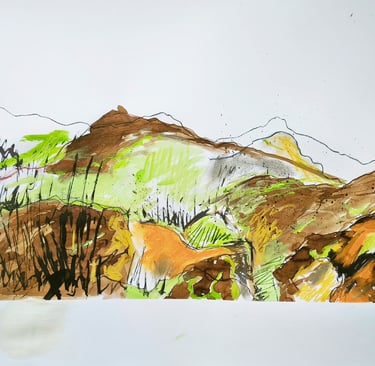 Paysage imaginaire 070825 - 65X50 - encre de Chine , carré comté, gouache - 2025