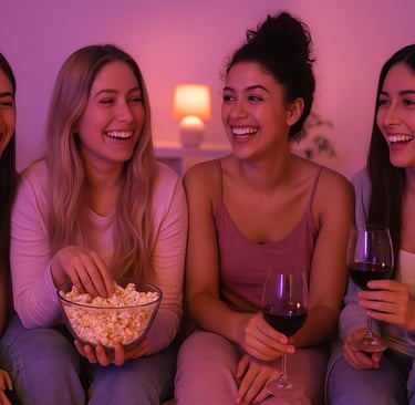 Group of young women enjoying a girls’ night with wine and popcorn in a cozy living room setting.