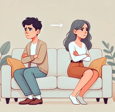 Cartoon illustration of a frustrated couple sitting apart on a couch, showing emotional distance and disconnection, represent