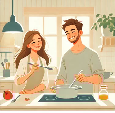 Cartoon-style illustration of a happy heterosexual couple cooking together in a modern kitchen, symbolizing shared housework