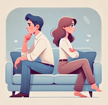 Cartoonstyle illustration of a thoughtful heterosexual couple sitting back-to-back on a couch, representing intimacy struggle