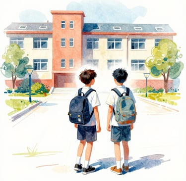 Two male high school students in navy blue uniforms walking together in front of a school building.