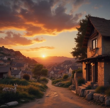 a house with a sunset in the background