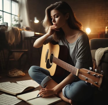 a woman sitting on a couch with a guitar and a guitar