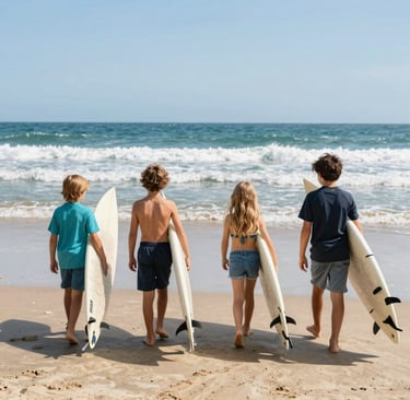 Four children holding white surfboards walk toward ocean waves on a sunny beach day.