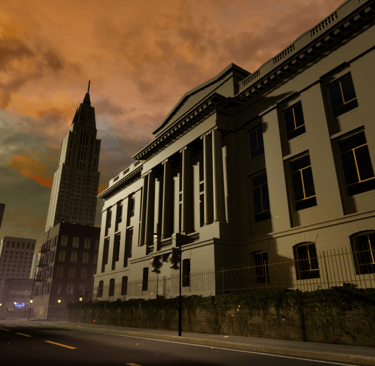 Coded Black gameplay screenshot showing a city with high rise buildings.