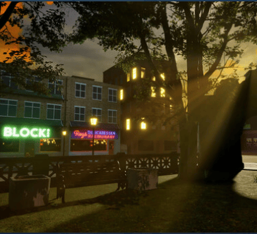 Coded Black gameplay screenshot showing a city scene and a park lit with rays of sunlight.