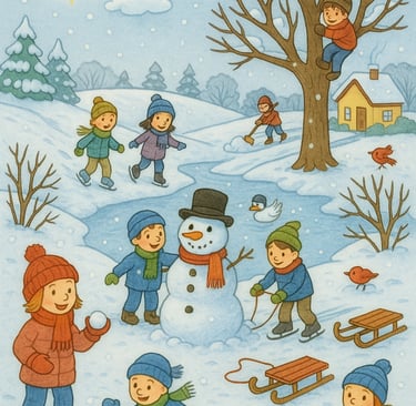 Wimmelbild Winter mit Schnee, Kinder spielen draußen, Schneemann, Sprachförderung