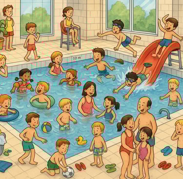 Wimmelbild Schwimmbad mit vielen Kindern im Wasser und am Beckenrand, Sprachförderung