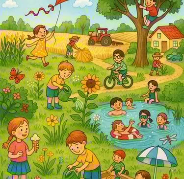 Wimmelbild Sommer am See mit Tieren und spielenden Kindern