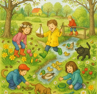 Wimmelbild Frühling mit Kindern, Tieren und Natur für Sprachförderung