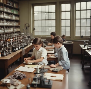A young boy is focused on writing notes while sitting at a classroom desk. He is wearing a patterned shirt and a traditional cap. The boy rests his left hand on an open textbook, suggesting an educational setting.
