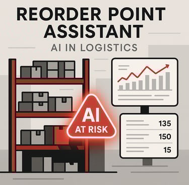 Flat-style digital illustration showing a warehouse shelf with boxes and a glowing red “AI AT RISK” warning sign