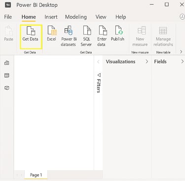Power BI Desktop Home ribbon with the Get Data button highlighted in yellow, showing Visualizations and Fields panes on