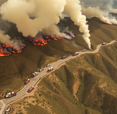 Aerial view of Los Angeles wildfires, showing a network of fire trucks and equipment.