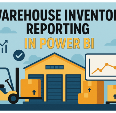 Flat-style illustration of a warehouse with forklift, stacked boxes, and a Power BI line chart, with the text 'WAREHOUSE INVE