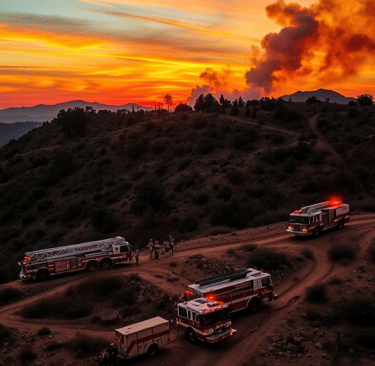 An aerial view of a bustling Los Angeles fire department response scene during a wildfire,.