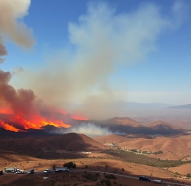A sweeping aerial view of a vast California landscape engulfed in wildfires.