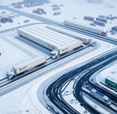 Aerial view of a snow-covered logistics hub in the Southeast, with trucks stranded and snow drifts