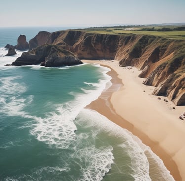 An aerial view of a coastal residential area featuring houses with landscaped gardens separated from the beach by a road lined with palm trees. The sandy beach meets the ocean with visible waves approaching the shore, and a few cars are parked near a roundabout.
