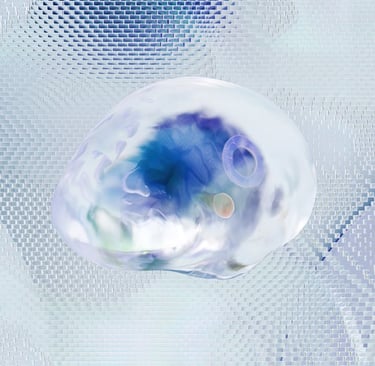 a clear glass ball with a blue and white background