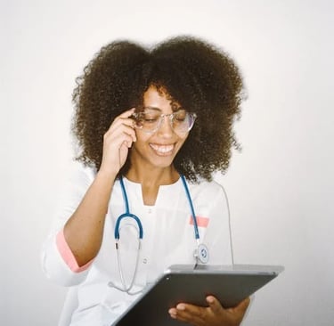 a woman in a white lab coat and glasses talking on a cell phone