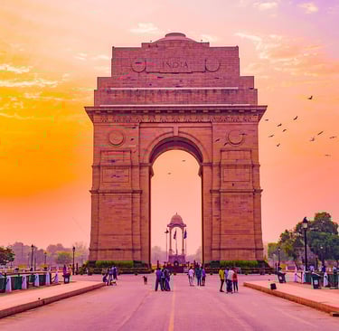 India Gate, a large arch in the middle of a city