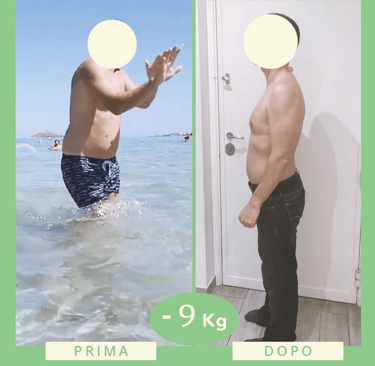 "Trasformazione fisica prima e dopo il percorso nutrizionale con perdita di 9 kg"