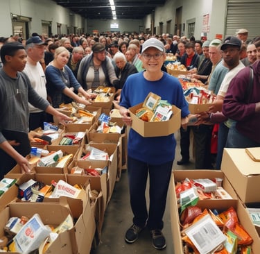 A red sign with white text reads 'God's Servants at Work', placed on a grassy area in front of a residential house. The background contains a ladder, some paint supplies, and garden tools leaning against a structure, suggesting ongoing house maintenance or renovation.