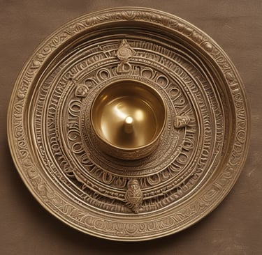 A collection of intricately designed metal objects, including vases, bowls, and a bell, arranged in a decorative manner. The items display ornate patterns and various levels of tarnish, giving them an antique appearance.