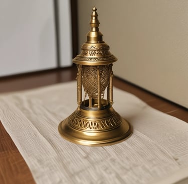 A collection of intricately designed metal objects, including vases, bowls, and a bell, arranged in a decorative manner. The items display ornate patterns and various levels of tarnish, giving them an antique appearance.