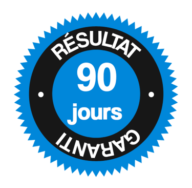 un badge bleu avec les mots « résultat garanti en 90 jours » LA NET' IMPRESSION