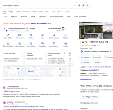 image de l'interface du Google Business Profile de LA NET IMPRESSION