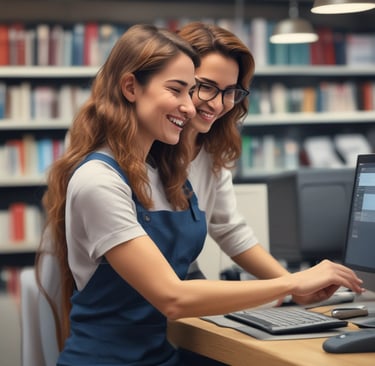 two women sitting at a desk with a laptop