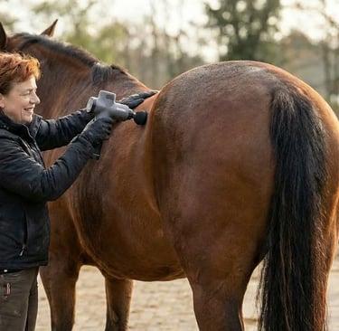 A woman using a handheld massage gun for equine muscle therapy on a brown horse at a ranch.