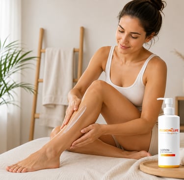 A woman applying Fusion2Life moisturizing body lotion to her leg for healthy skin hydration.